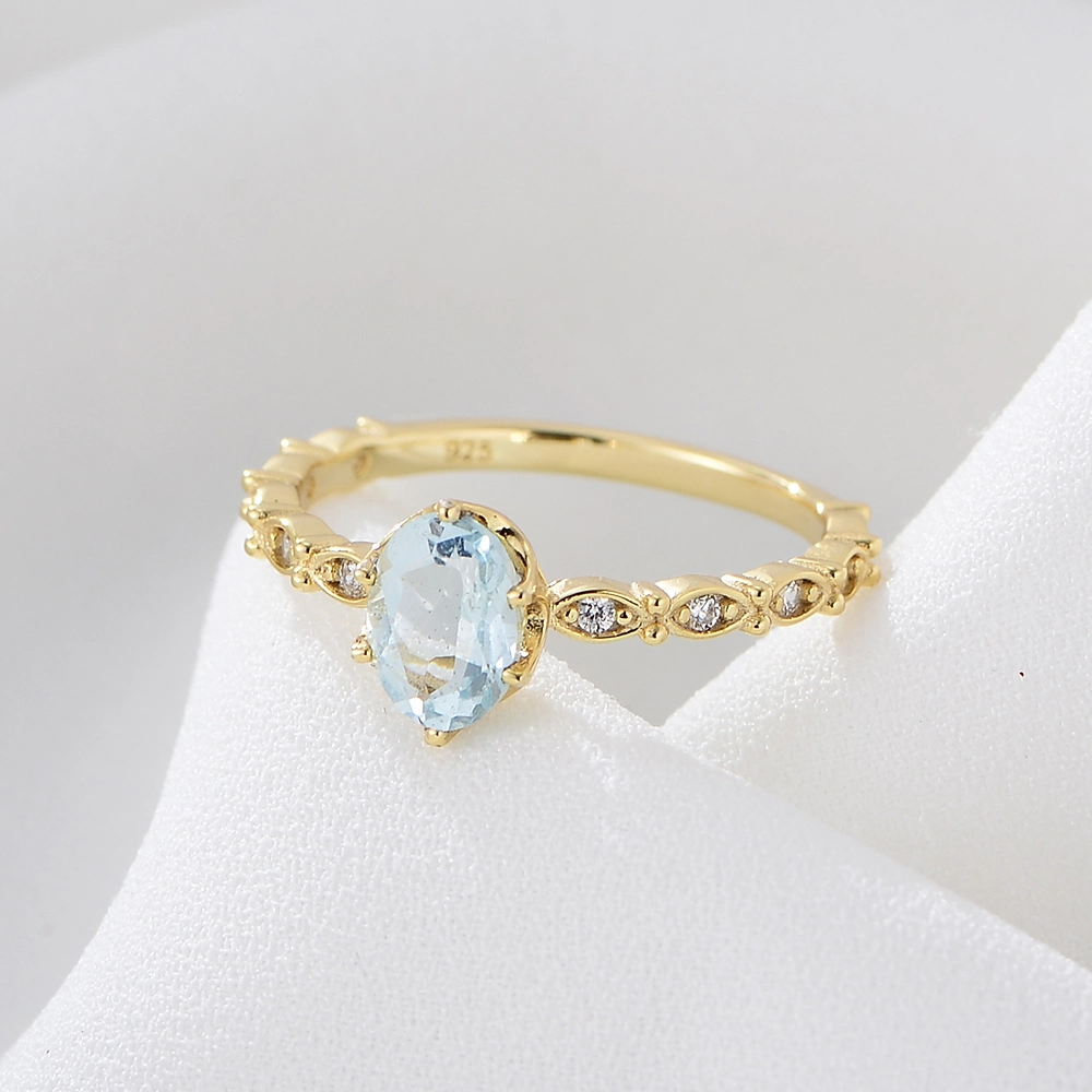 Peishang Brand 925 Sterling Silver Natural Stone Blue Topaz Ring Gold Plated Cubic Zirconia Women Ladies Rings Jewelry Custom