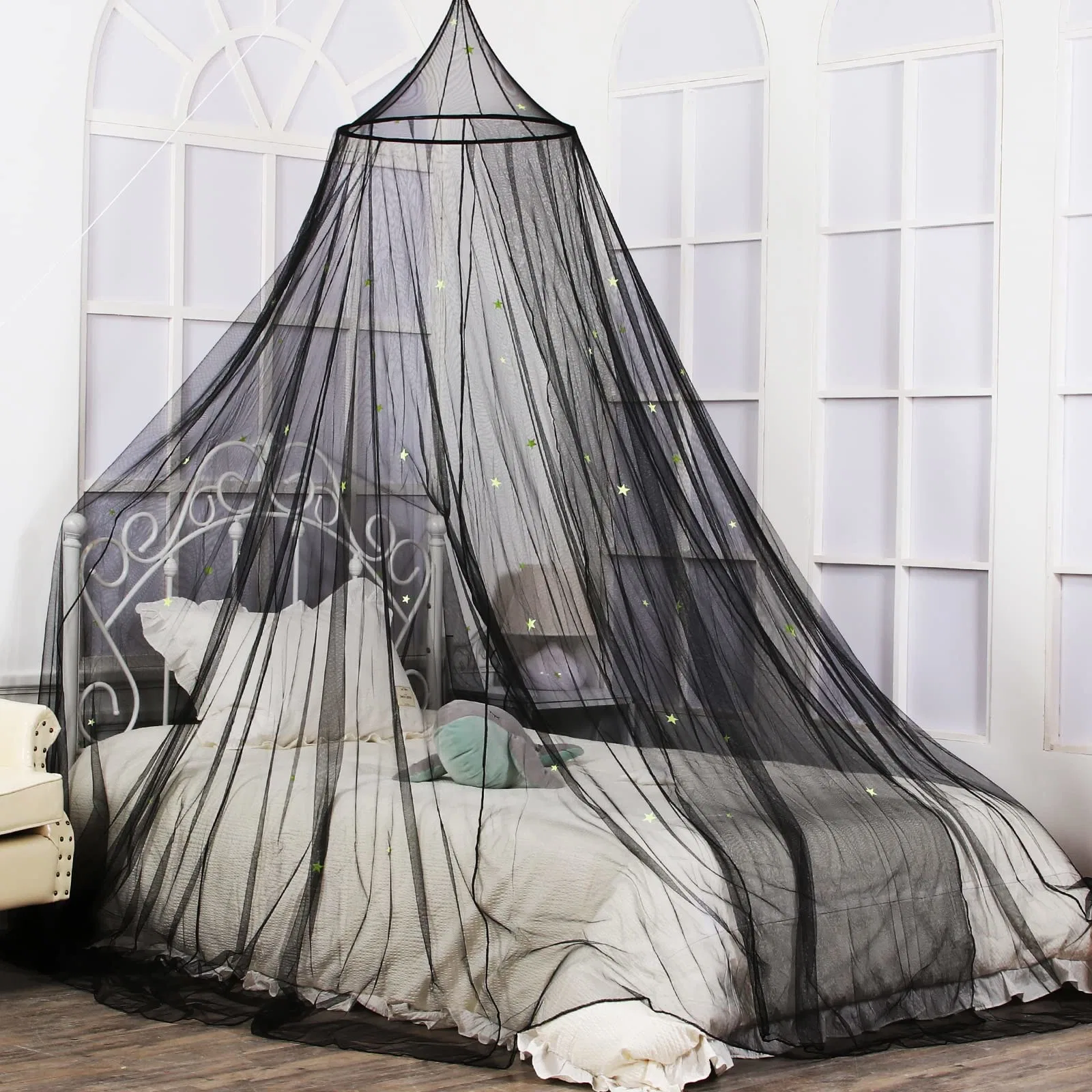 Glowing Stars Bed Canopy Girls Beige Princess Bed Curtains Mosquito Net
