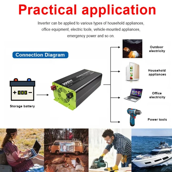 DC 12V 24V 48V vers AC 110V 220V 230V 3000W Onduleur de puissance à onde sinusoïdale pure.