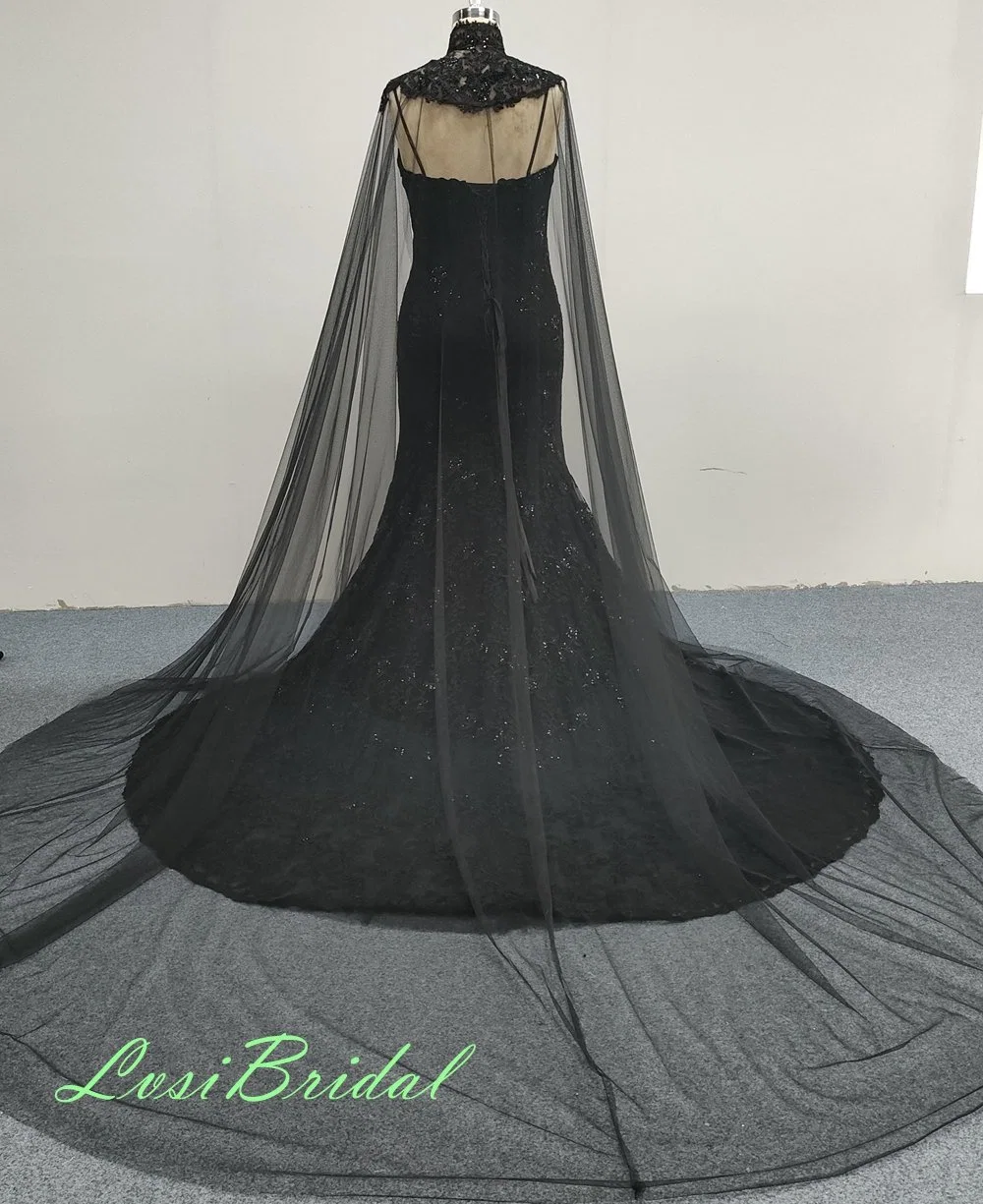 23022+Cloak Black Wedding Dress with Back Corset Dresses with Lace with Sequins Bridal Gown of Mermaid Dress for Pakistan Style Plus Size Dress