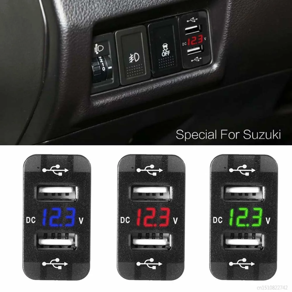 Power Adapter 12V Dual USB Ports Car Charger LED Voltmeter for Toyota (40X22mm)