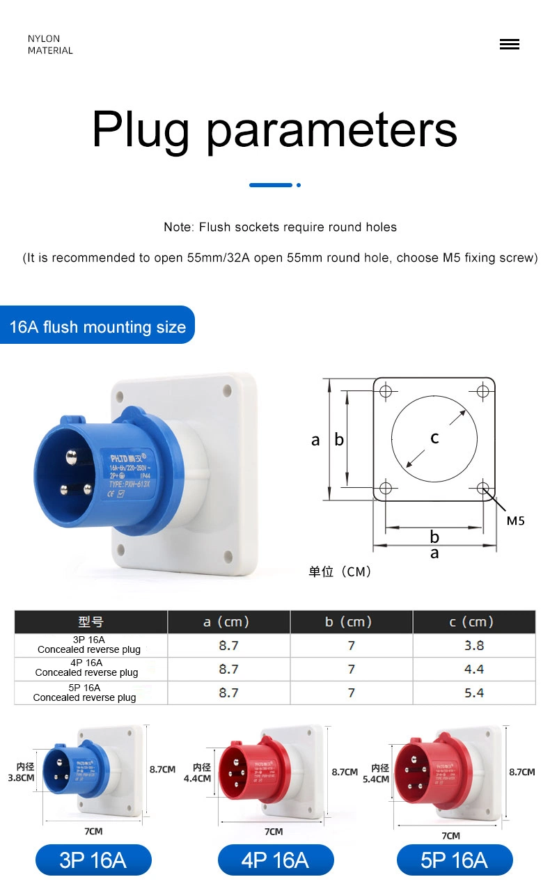 Fiches mâle et femelle de l'industrie de l'aviation électrique triphasé 380V IP44 16A 4le bouchon de trou