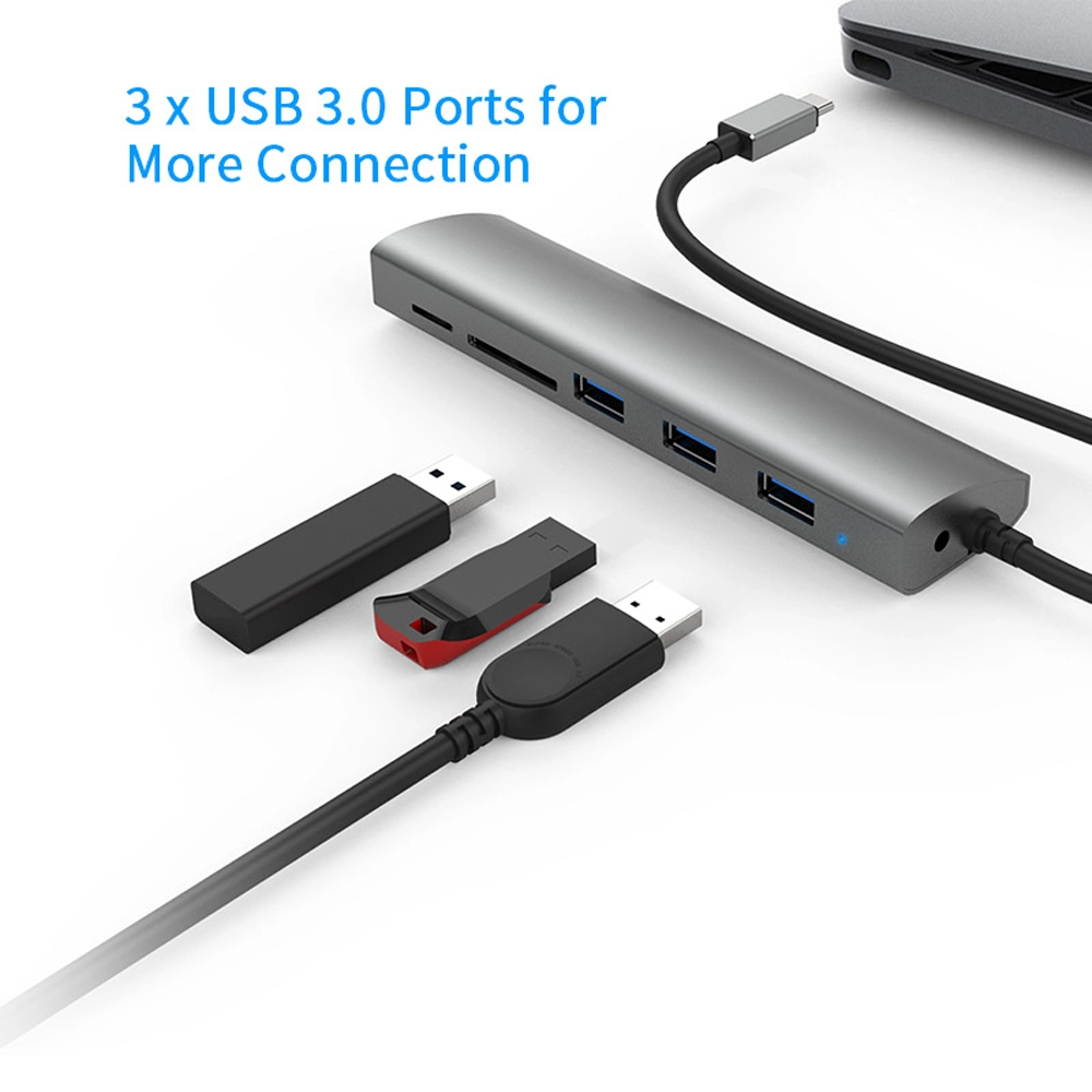 Type C Gen1 USB3.0 à 3 ports en aluminium Hub avec carte Lecteur et port CC