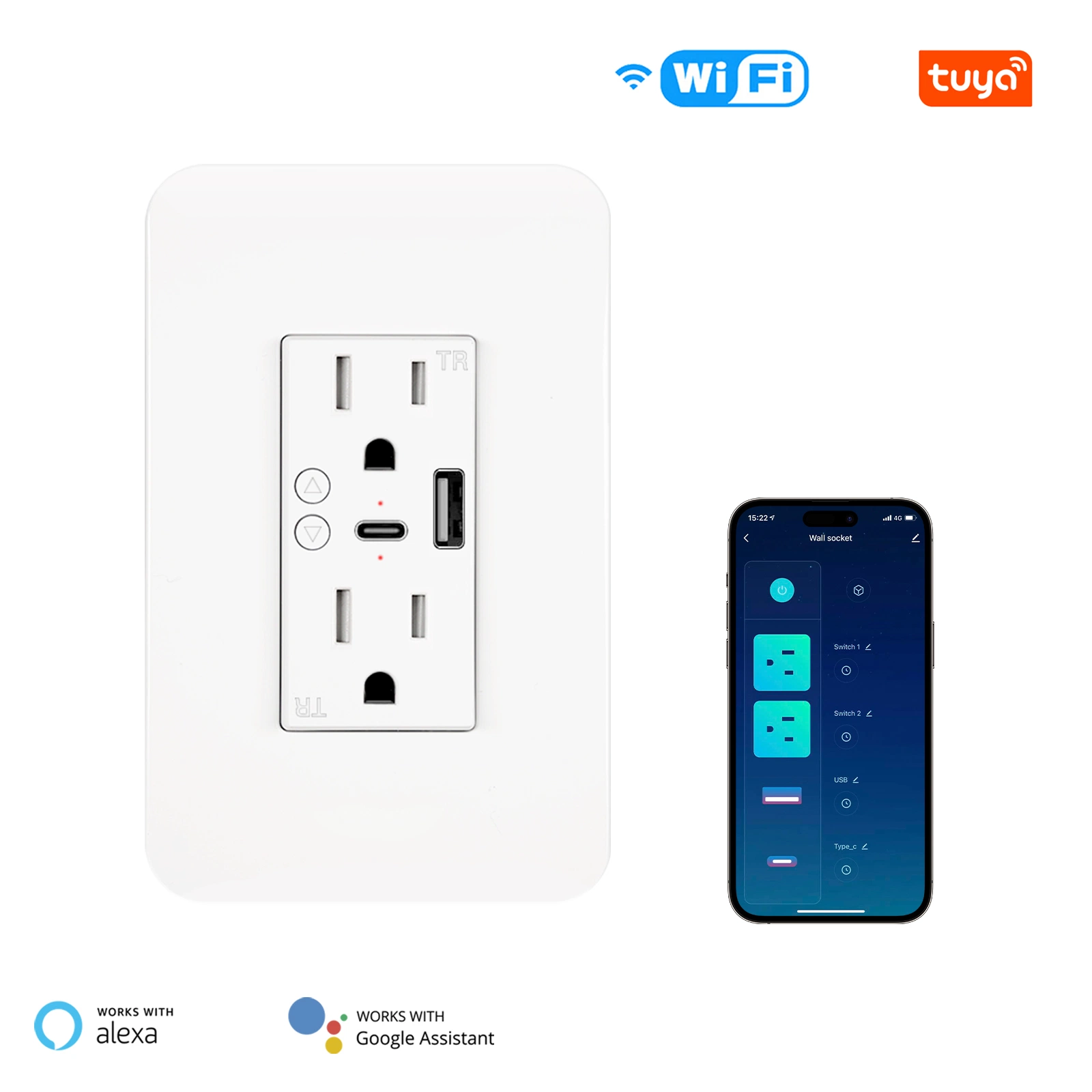 Enchufe de pared Wi-Fi ® Smart Power con tipo C y. USB a