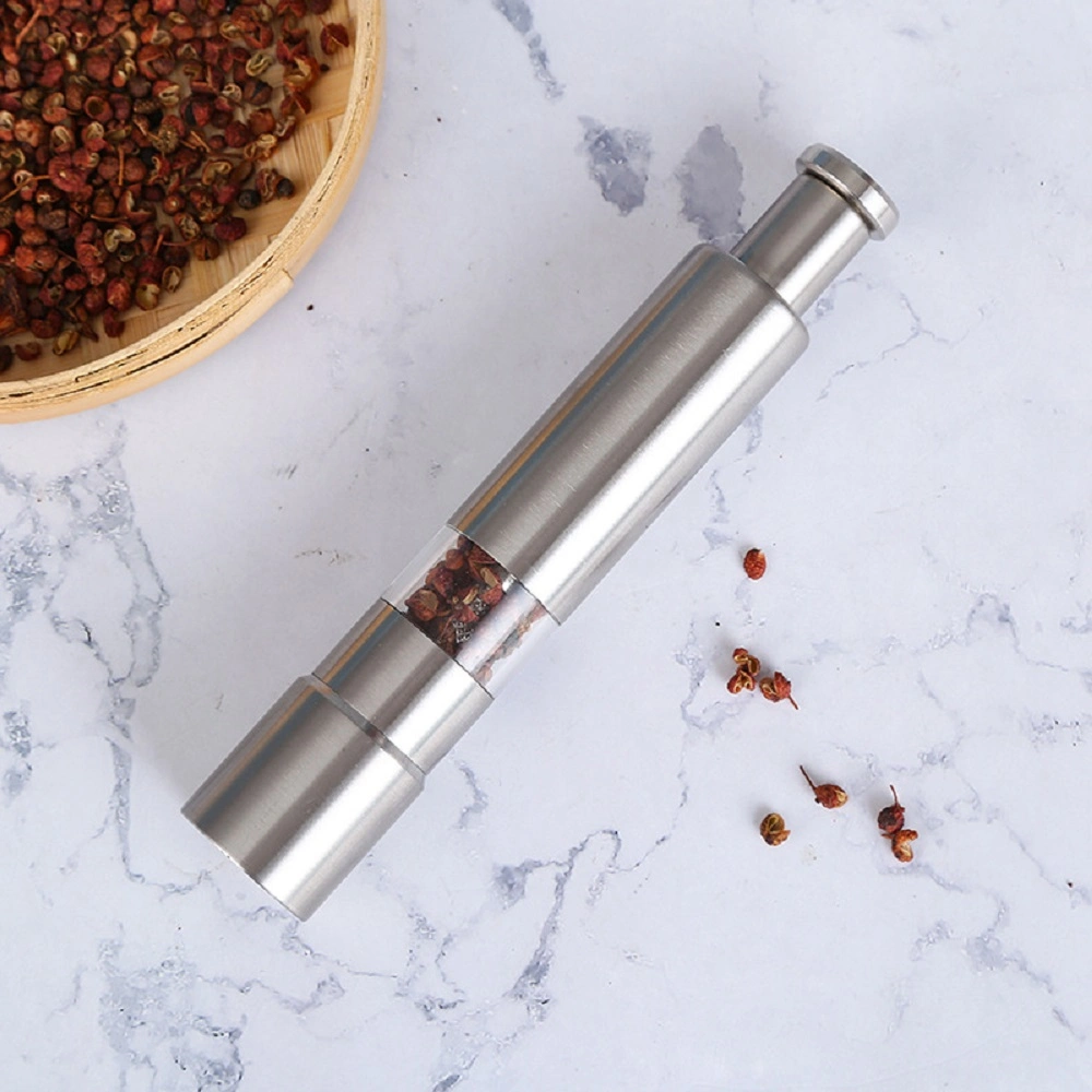 One Hand Mill Manual Press Bottle Pepper Mill Grinding Stainless Steel Refillable Spice Grinder Mill for Salt Pepper and Seasoning Wbb18192