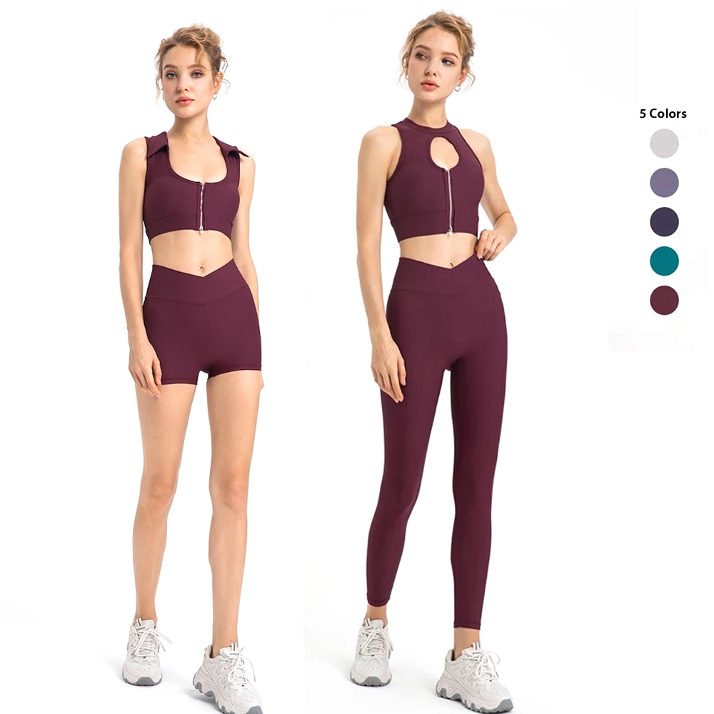 Tianchen Factory Custom Luxury and Sexy Ribbed Gym Wear for Ladies, 2/3/4 PCS Womens Zip up Fitness Top + Cross Waist Yoga Shorts Leggings Fashion Sportswear