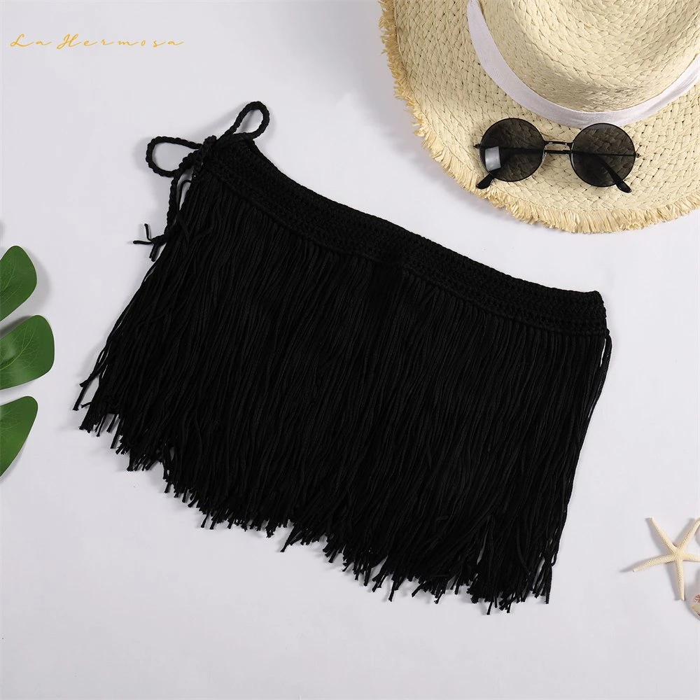 Fashion Ladies Beach Skirt Knitted Hand Hook Long Tassel Hula Dance Skirt Bikini Outside Short Skirt Wholesale/Supplier Swimwear Cover-up Stcy0619