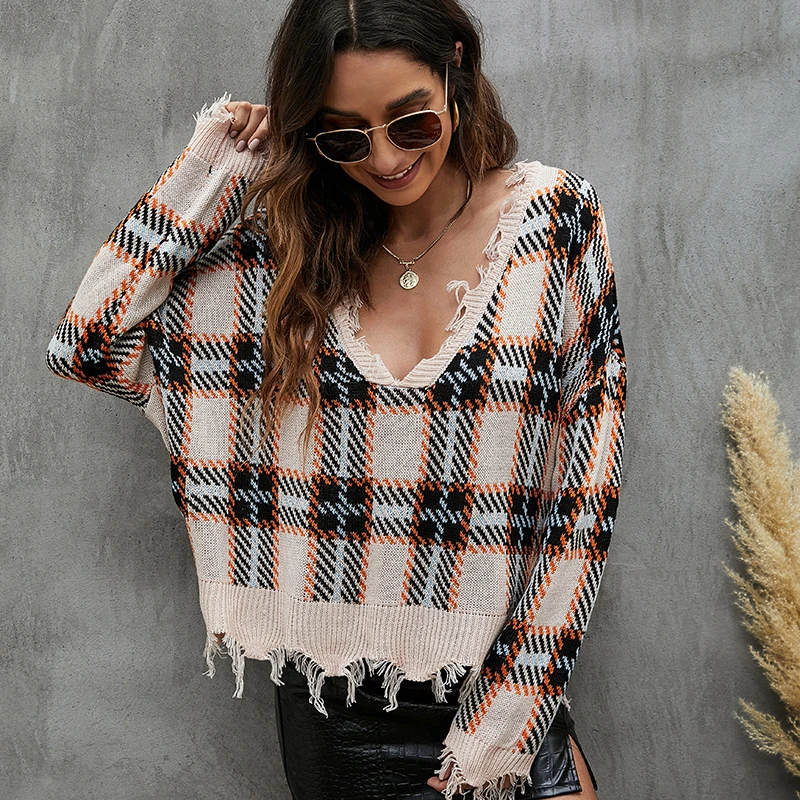 Cross-Border Sweater 2023 New V-Neck Knitted Pullover Fashion Women's Plaid Hole Loose Knitted Sweater