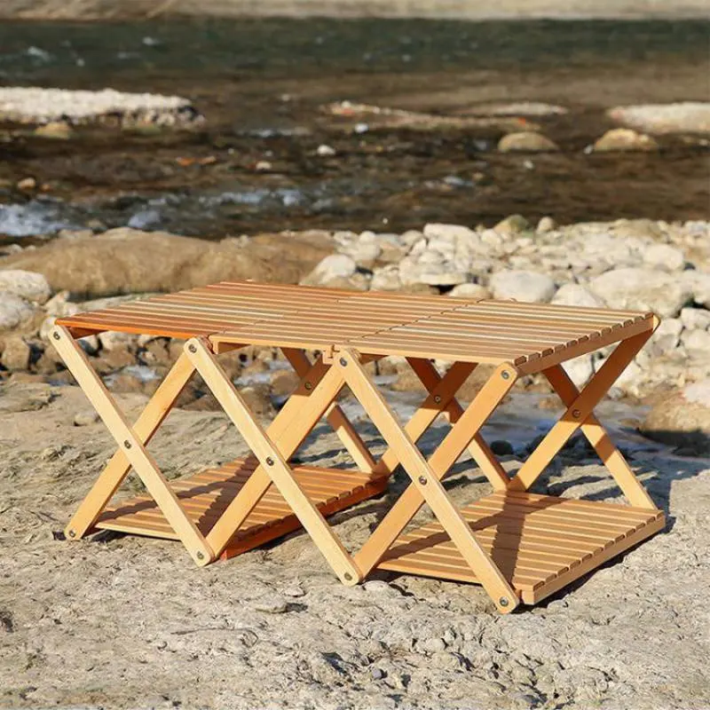 Rack de rangement de table de camping ultra-léger pliable en bois massif et multifonction d'extérieur