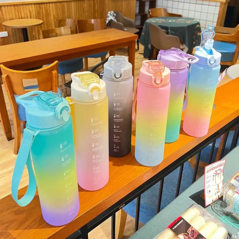 1000ml Daily Water Bottles with Times to Drink Pop-up Straw Tritan Water Bottle with Motivational Time Marker