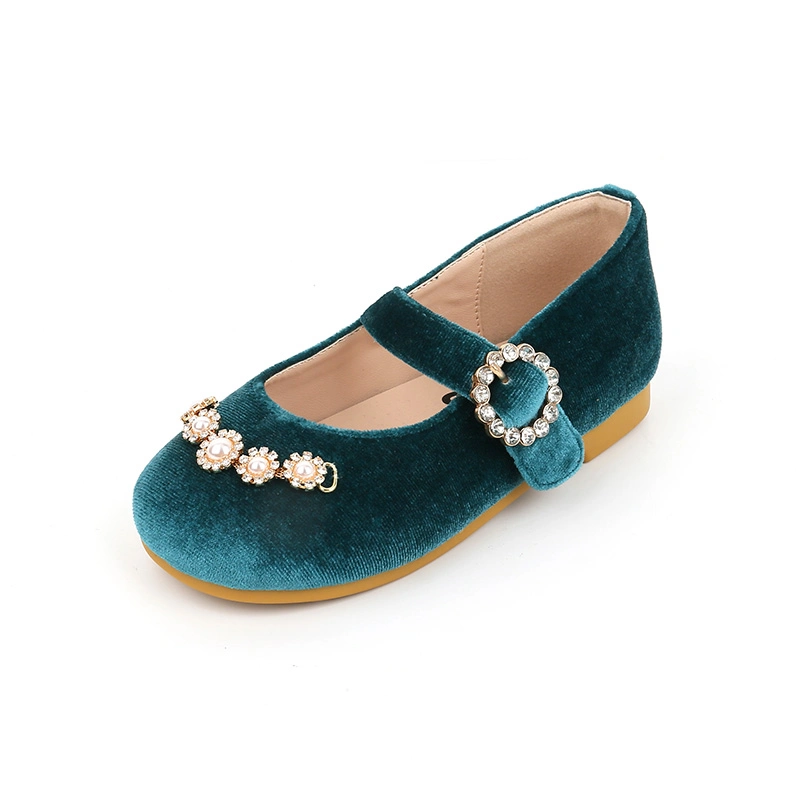 Velvet Pearl Embellishment Velcro with Rhinestone Buckle Flat Children Shoes