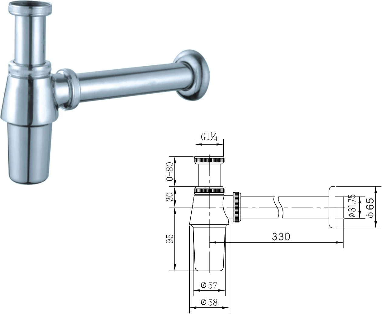 High quality/High cost performance  Bathroom Brass G 1 7/8&prime; &prime; Size Chrome Plated Wash Basin Waste P Bottle Trap