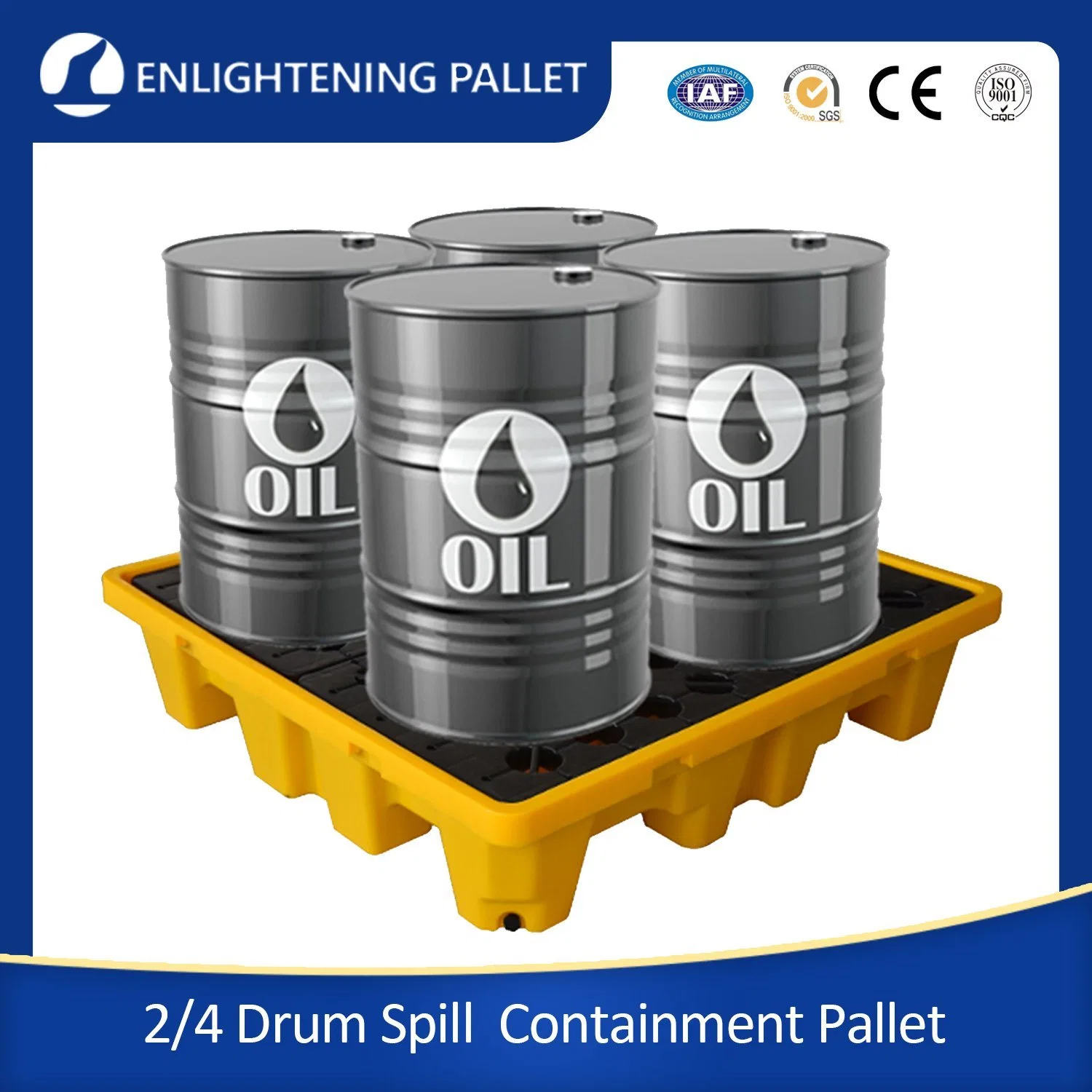 1300X1300mm Yellow and Black Polyethylene 4 Drum Spill Containment Factory Directly Supply Yellow Plastic Oil Spill Pallet for Oil Petroleum