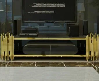 Black Tempered Glass Storage Gold Metal Base Function Cabinet TV Stand for Living Design