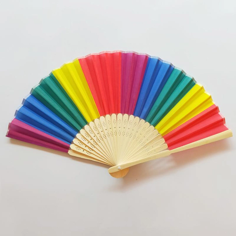 Custom Rainbow Print Polyester Fabric Hand Fan Bamboo Handle Fan with Logo