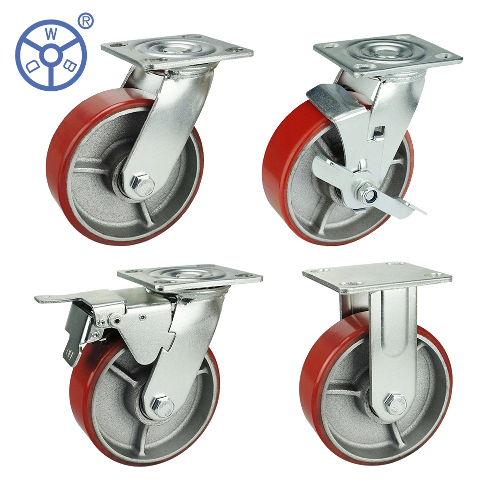 Wbd Heavy Duty Cast Iron Core PU Caster Red Polyurethane Castors and Universal Wheels for Trolley