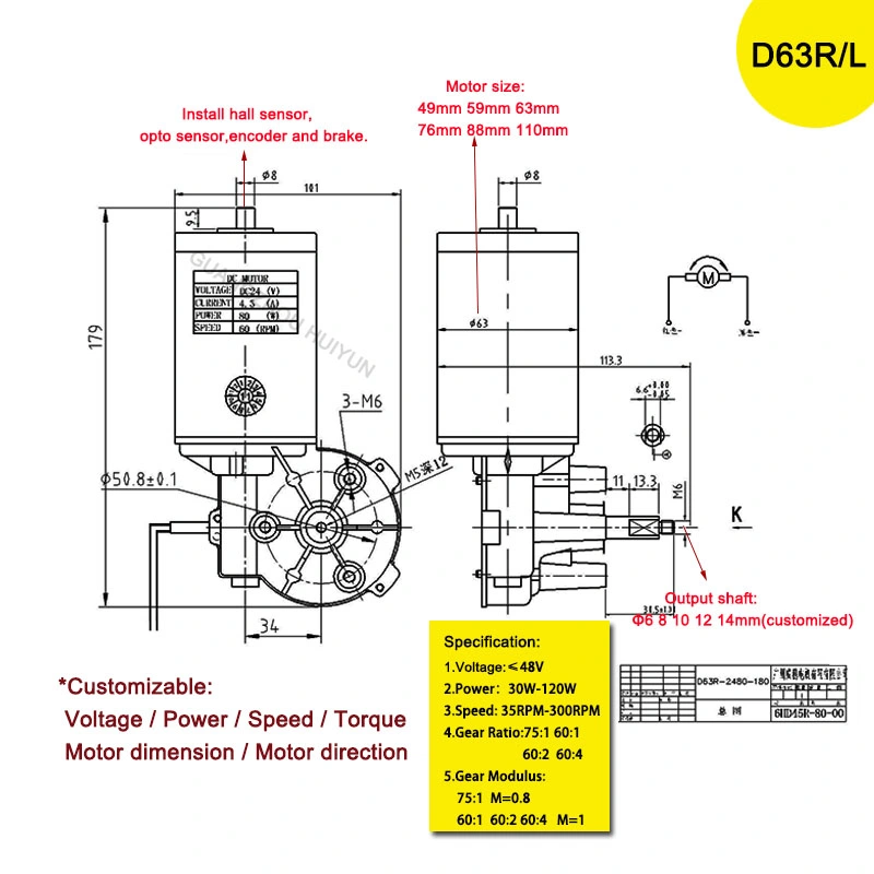 Bajo ruido de alta potencia de 12V 24V DC Motor Silla de ruedas eléctrica de la caja del gusano