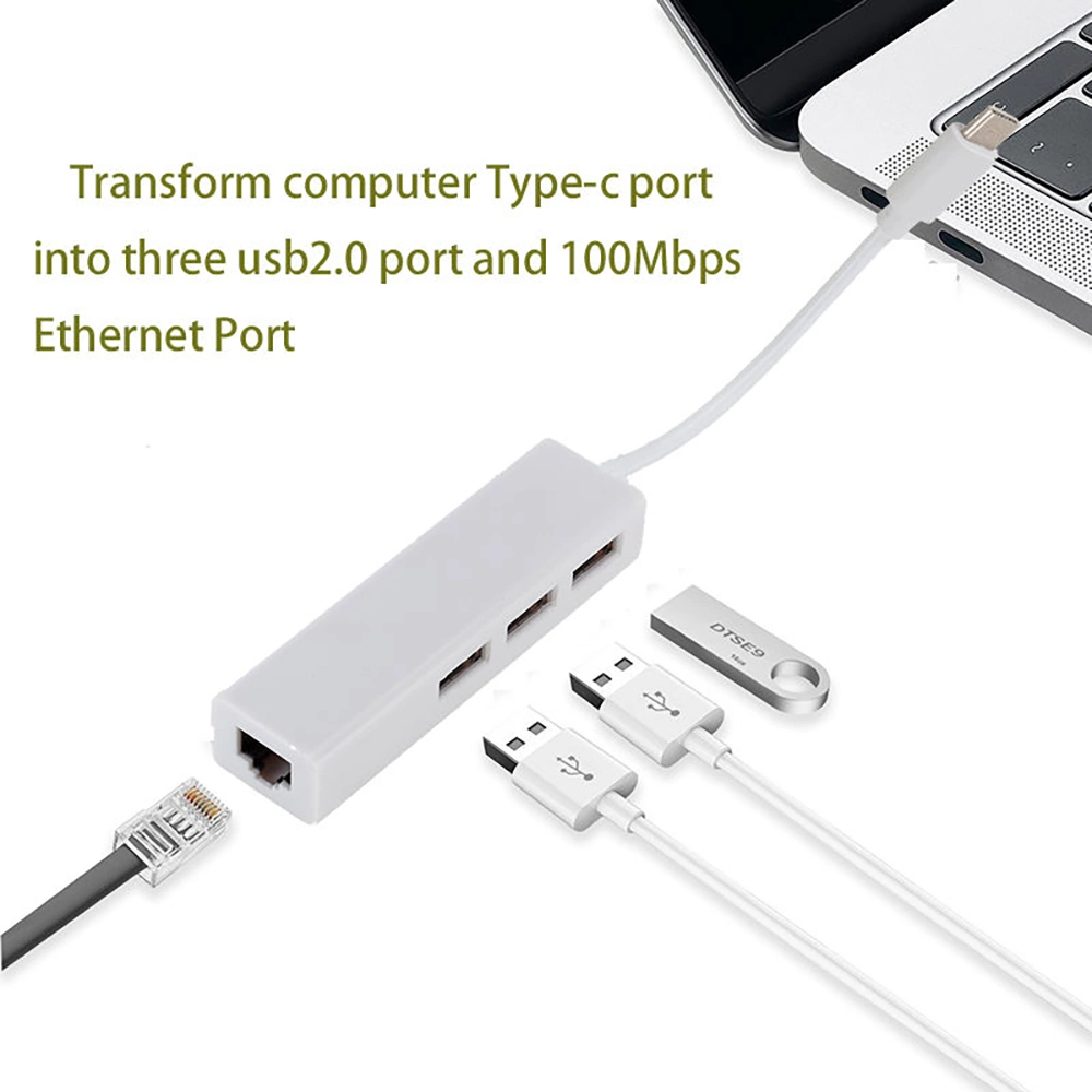 3 Ports USB 2.0 Hub Type C to USB RJ45 Hub 100m Network Card for MacBook Laptop