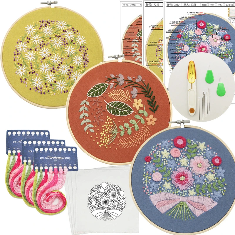 Vancy Arts Beginner Embroidery Kits for Adults Flowers Embroidery Kit DIY Hand Embroidery Full Kit Cross Stitch Set