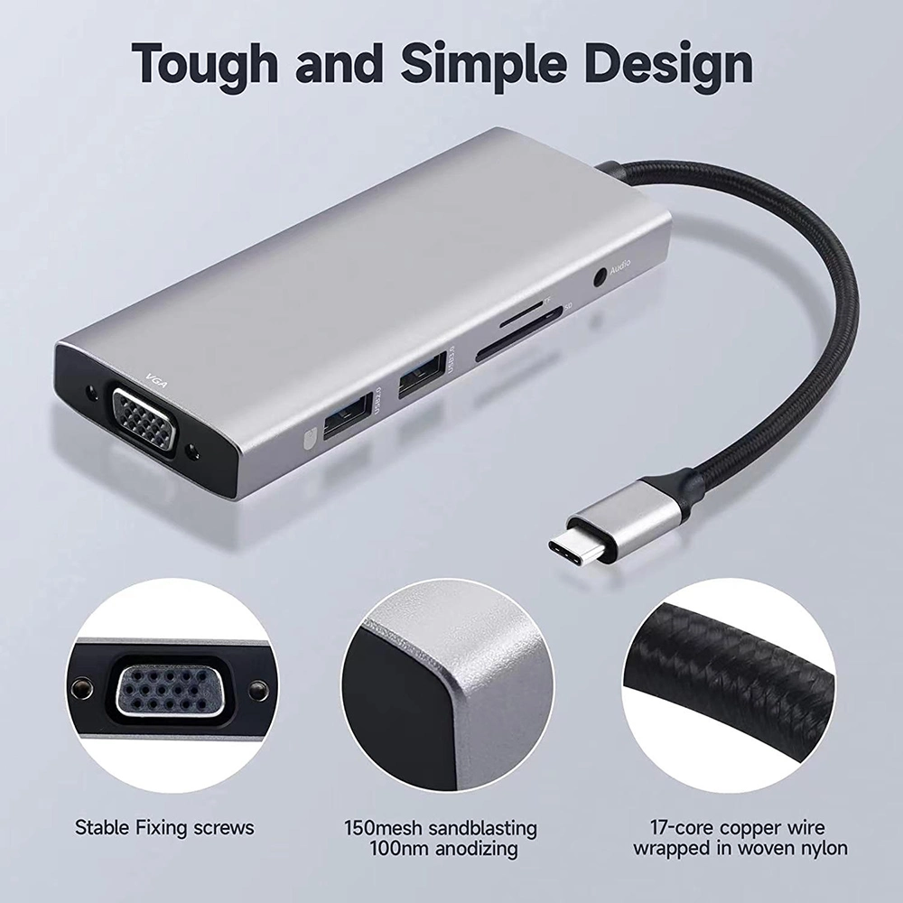 طلائع الألومنيوم 9 منافذ USB Hub 3.0 مقسّم 9 بوصات 1 محول من نوع C 3.0 USB Hub متعدد الوظائف 9 في موزع USB C واحد