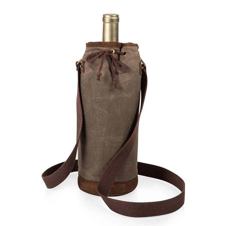 Stylish High Quality Custom Cooler Waxed Cotton Canvas Wine Tote Bottle Gift Bag with Drawstring Close (RS-DND231)