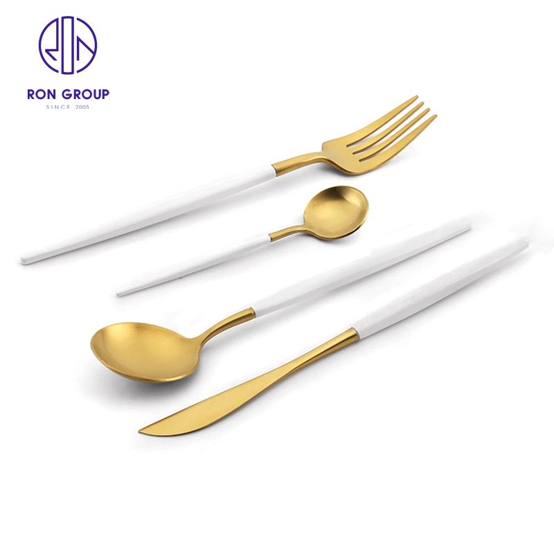 Western Restaurant Hotel Kitchen Silverware Knife Spoon Fork Solid White Handle with Gold Flatware Stainless Steel Cutlery