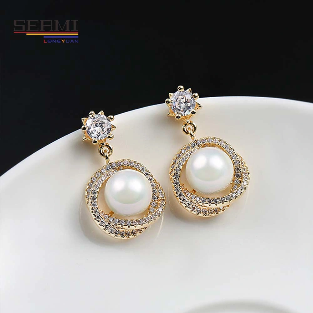 Elegant Gold Filled Zircon Ladies Dangle Drop Earrings with Pearl