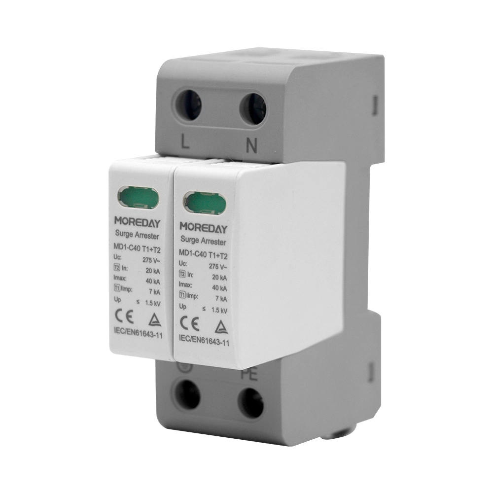 Conexión L-N/PE de alta calidad clase I+II, B+C, T1+ T2 Iimp 2pole/2p 40kA 275V dispositivo protector contra transitorios ac SPD