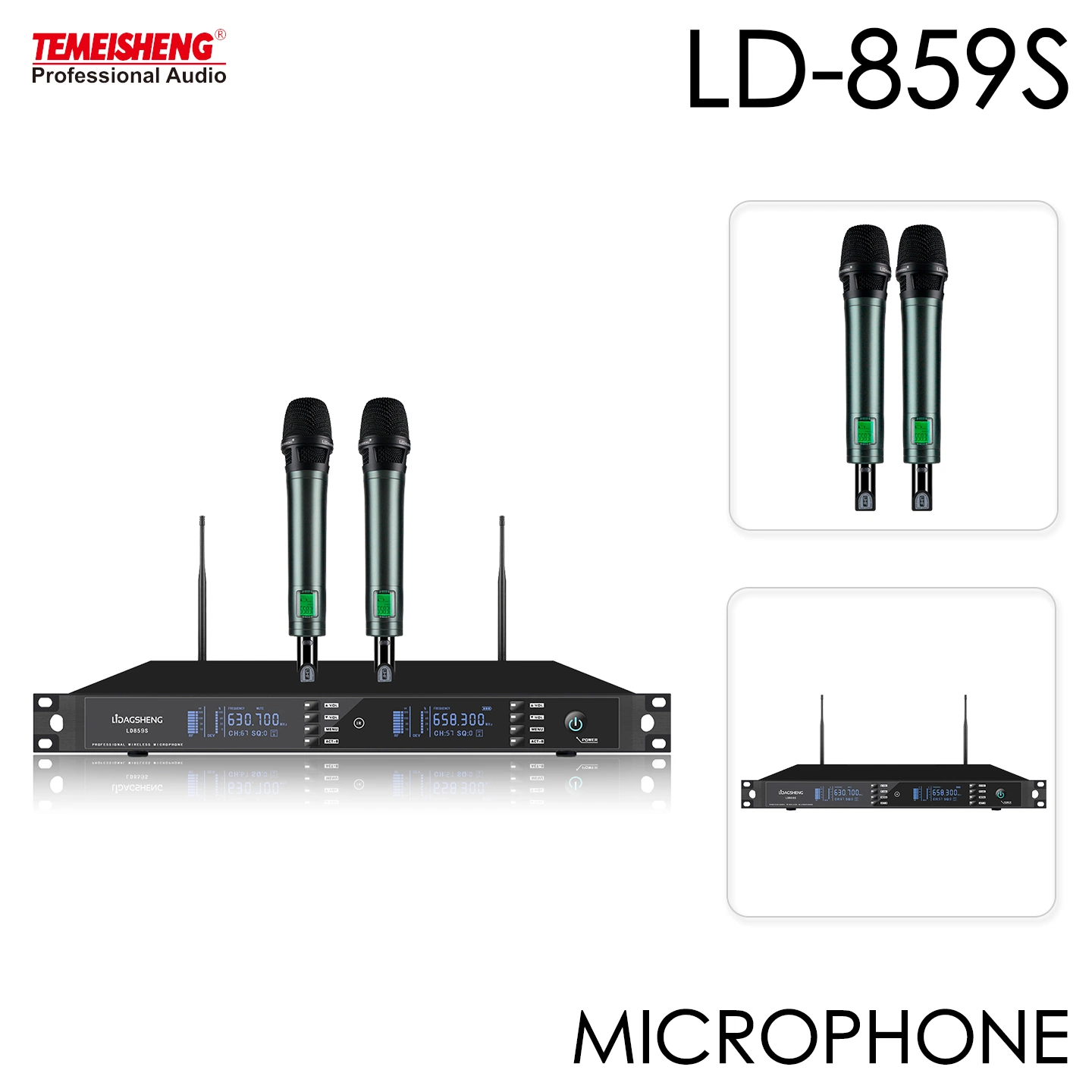 Microfone sem fios portátil de frequência ajustável de 2 canais Temeisheng