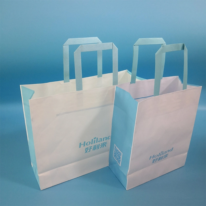 Recycled Blue White Food Grade Biodegradable Paper Package Shopping Bag for Cake Bread Biscuit