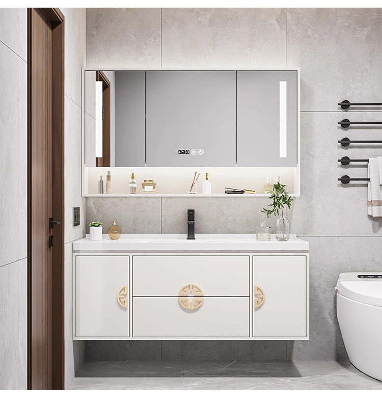 Meuble de salle de bain mural de conception extérieure exquise de couleur grise de 120 cm avec armoire de toilette de design irrégulier et miroir LED.