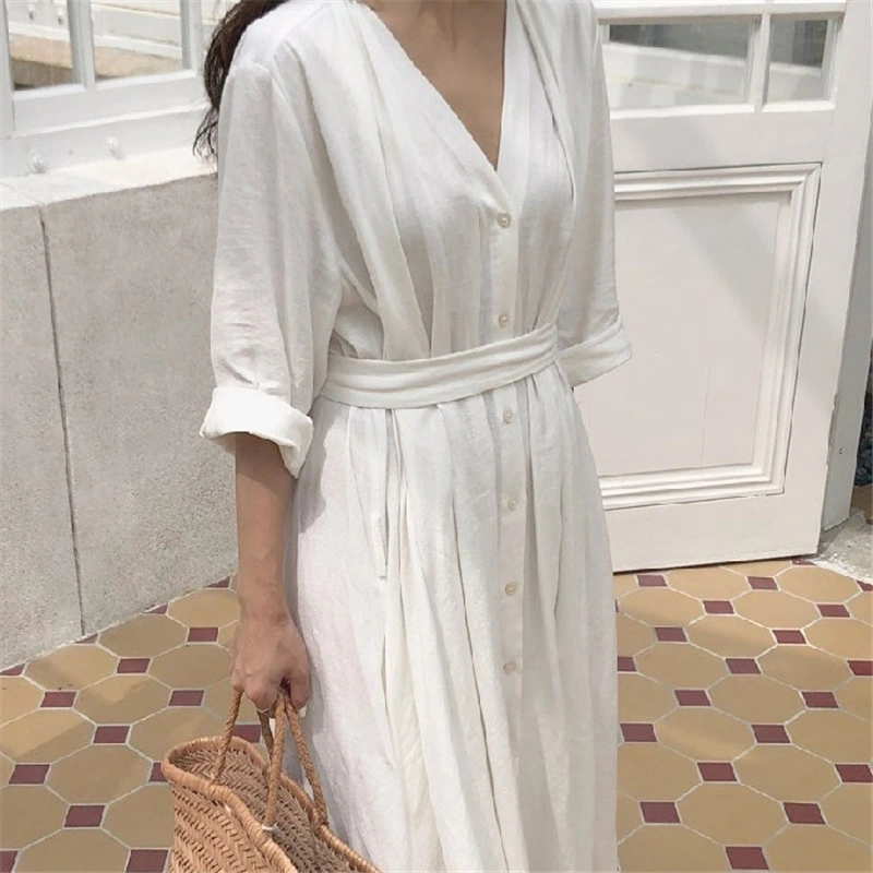 Versatile V-Neck Long-Sleeved Simple Lace-up Pleated Loose Cotton and Linen Shirt Dress