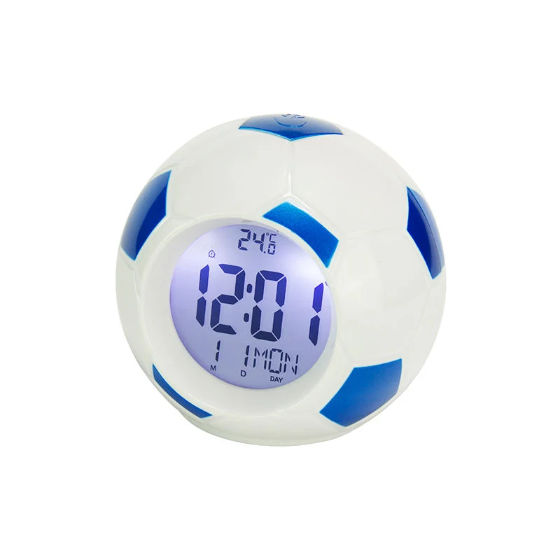 Cl073 Atacado LCD Calendário temperatura Display forma de futebol Mesa alarme Relógio