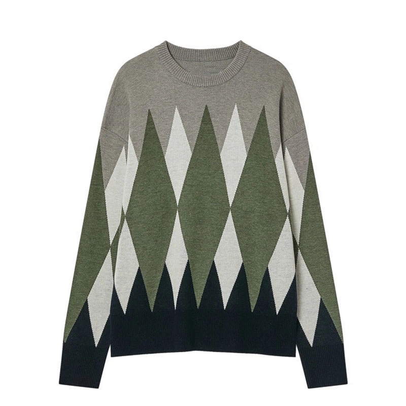 Men's Crewneck Loose Knitted Pullover Contrast Colour Jacquard design Sweater