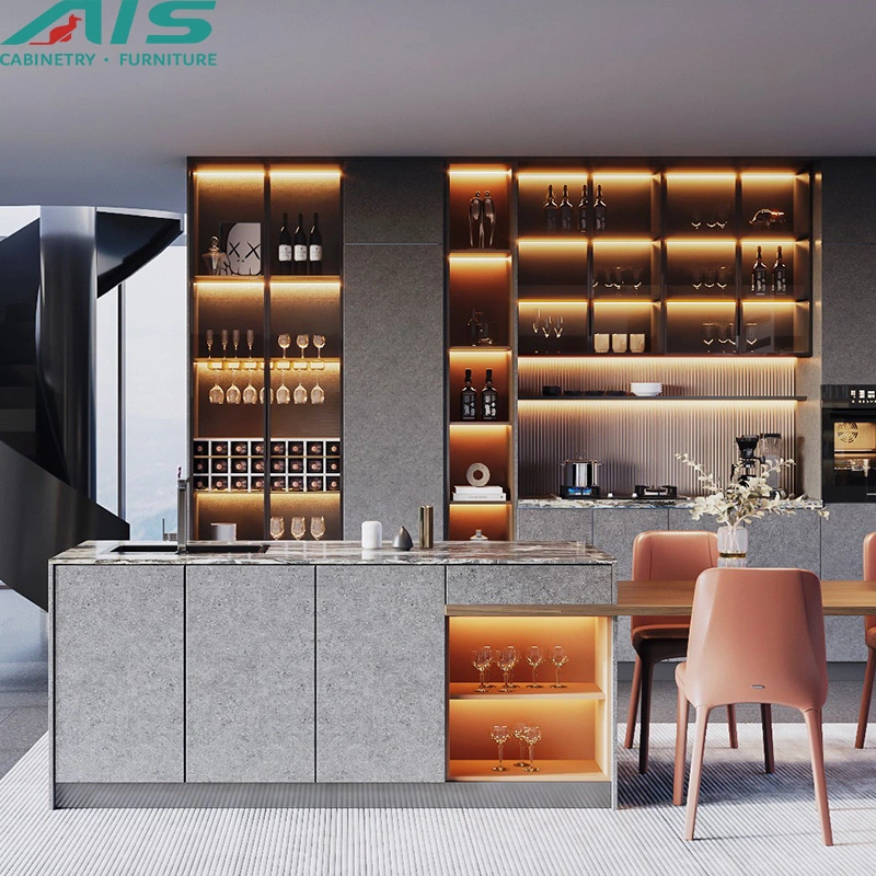 AIS European Modern Design Style Custom Minimalistic Furniture Set Grey PVC Kitchen Cupboards Cabinets and Glass Showcase