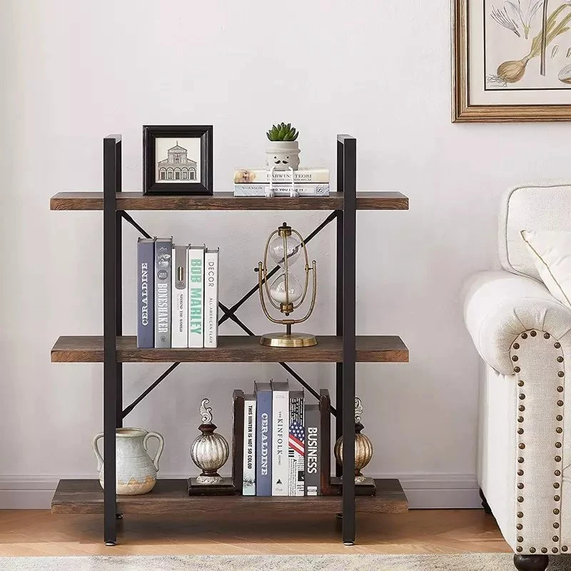 Wood Grain Vintage Brown 3-Shelf Industrial Bookshelf Open Etagere Bookcase with Metal Frame