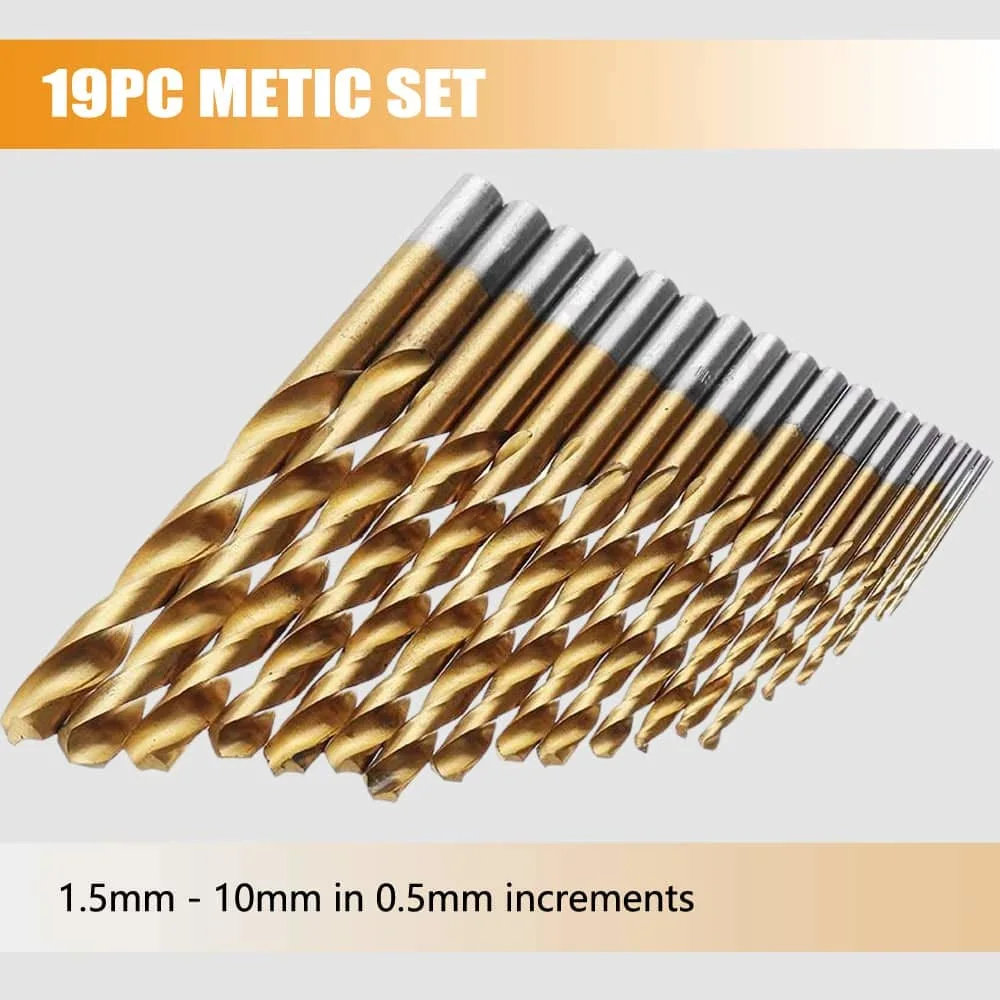 Jobber métricas Twist Brocas Conjunto de 19PCS HSS recubierto de titanio 4241 Mango recto y conveniente caso índice para madera y chapa de plástico suave