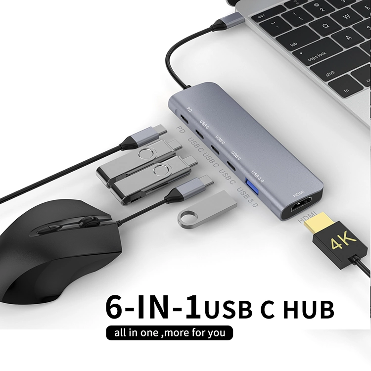 aluminum Alloy 6-in 1 USB C Hub Type C Hub USB C Charging Adapter Hub with 4K USB C to HDMI