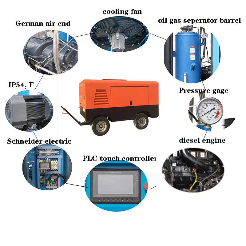 Media y Baja presión de la barra de 7.5-30 8 a 13 m³/min con motor Diesel compresor de aire de tornillo Portátil para ingeniería, minas, túneles, la energía hidroeléctrica, bien lavado