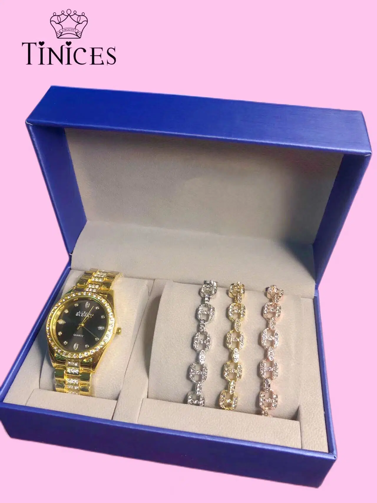 Luxury Diamond Senhoras ver mais 3 Pulseiras Conjunto de Oferta Senhoras assistir mulheres Assista Dom Relógios relógios de luxo jóias Watch Quartz Watch relógio de pulso Conjunto caixa de oferta