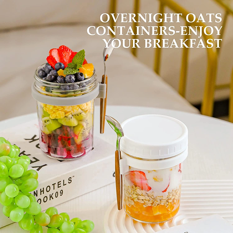 Frascos Oats overnight com tampa e recipiente de aveia com conjunto Spoon Frascos Mason com palha e armazenamento de leite de cereais Bento Bag Recipiente para viagens de escritório em casa de 300 ml