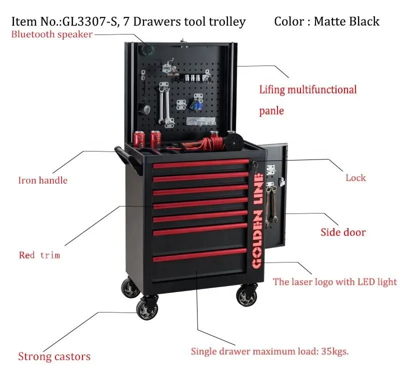 Armoire à outils à roulettes de garage multifonction à 7 tiroirs avec haut-parleur Bluetooth