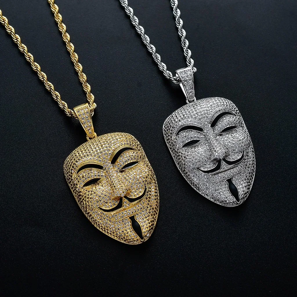 New Ice out Face Pendant Hip Hop Jewellery V for Vendetta Fashion CZ Stone Necklace for Man Women Gift OEM ODM Factory