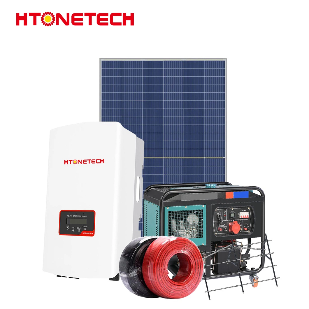 Htonetech Monocrystalline Flexible Full Black Solar Panel Solar Inverter off Grid China 20kw Solar Power System with 20kVA Diesel Generator Super Silent