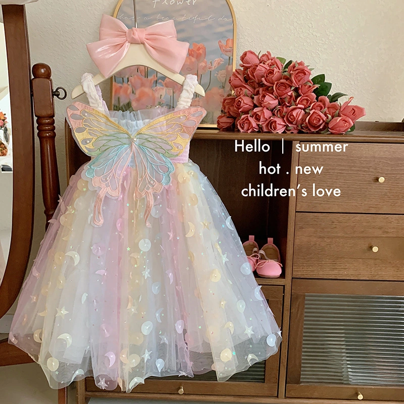 Girls Dress 2023 Summer New Children's Dream Elf Butterfly Rainbow Skirt Baby Halter Princess Skirt