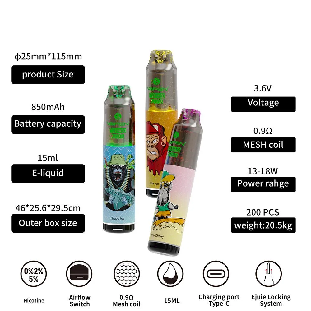 Vapen Tornado 7000 s السجائر الإلكترونية جهاز القرود 15 مل سعة 850 مللي أمبير/ساعة مفتاح تدفق الهواء LED مصباح الشبكة العنكبوتية 0% 2% 5% راندم 7000 بوف