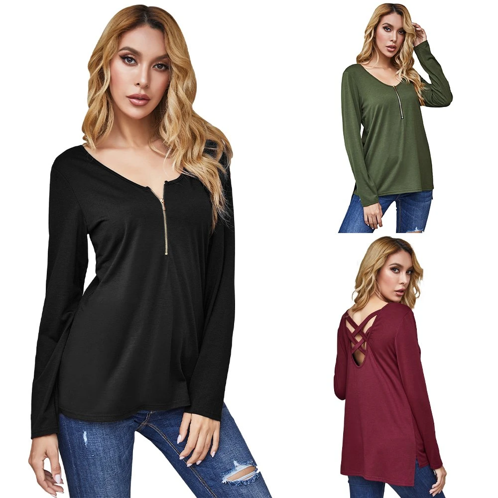 in Stock Plain Zipper Hollow out Women&prime; S T-Shirts Blouses & Shirts Ladies&prime; Blouses Women