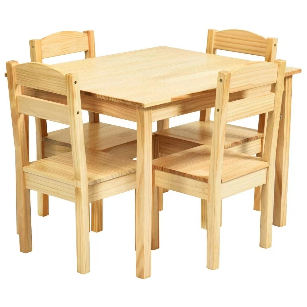 Resistente al por mayor de la fábrica de muebles de madera de pino estable a los niños Niños de 5 piezas Conjunto de silla de mesa Sala de juegos para niños