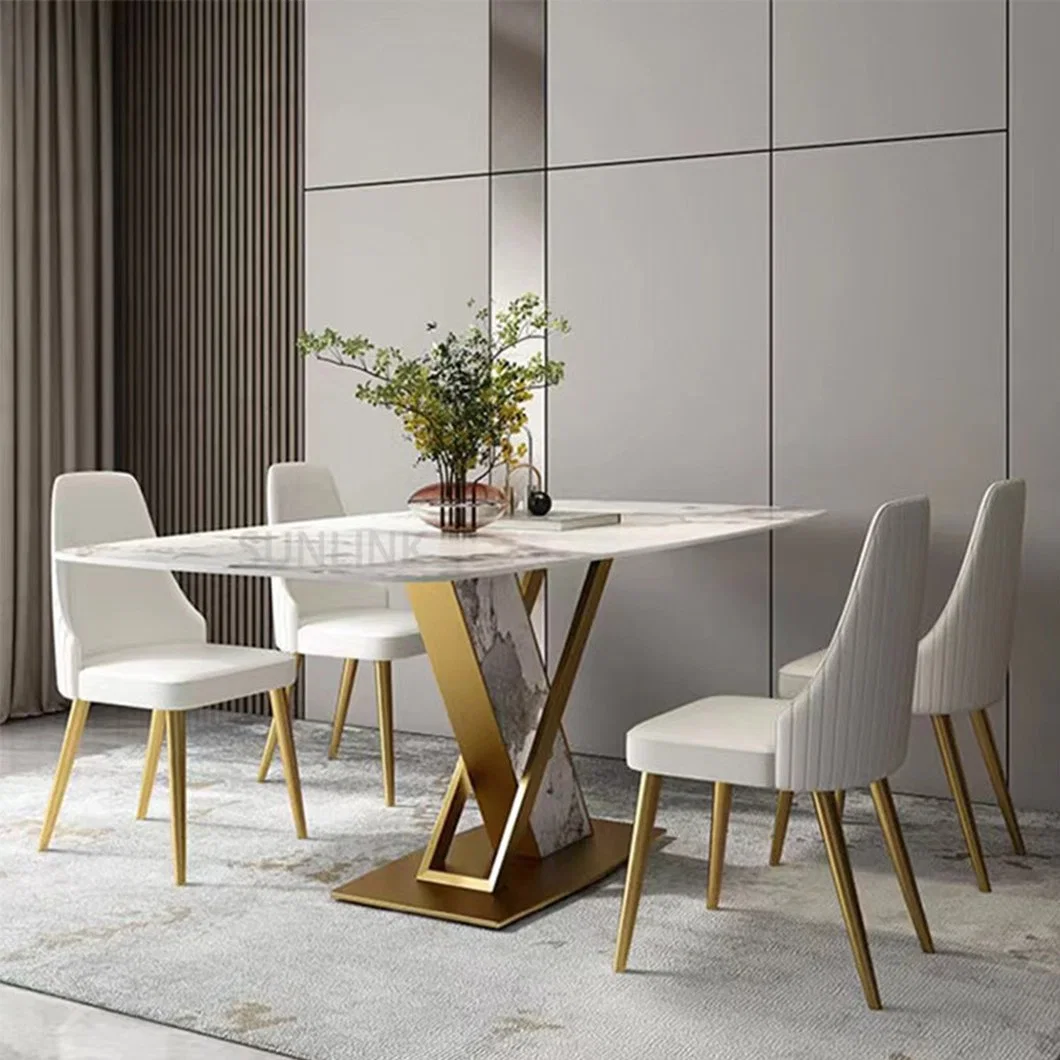 Luxury Leather Dinner Restaurant Chair Marble Rectangle Table Banquet Dining Furniture Set