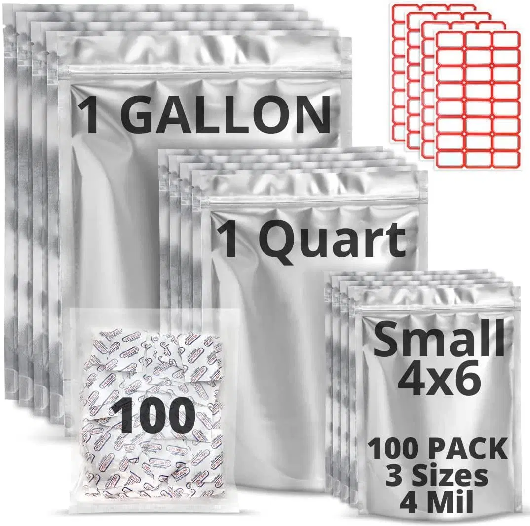 Custom Child Proof Mylar Bags with Label Sticker Oxygen Absorbers, Mylar Stand up Bag for Food Storage, 1/2/5 Gallon Mylar Bag